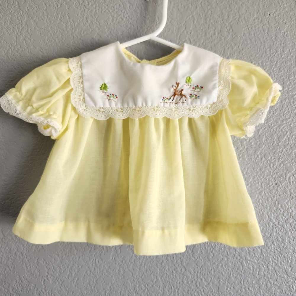 Vintage Infant Pale Yellow Dress -Embroidered Deer & Pine Trees 6-9 months
